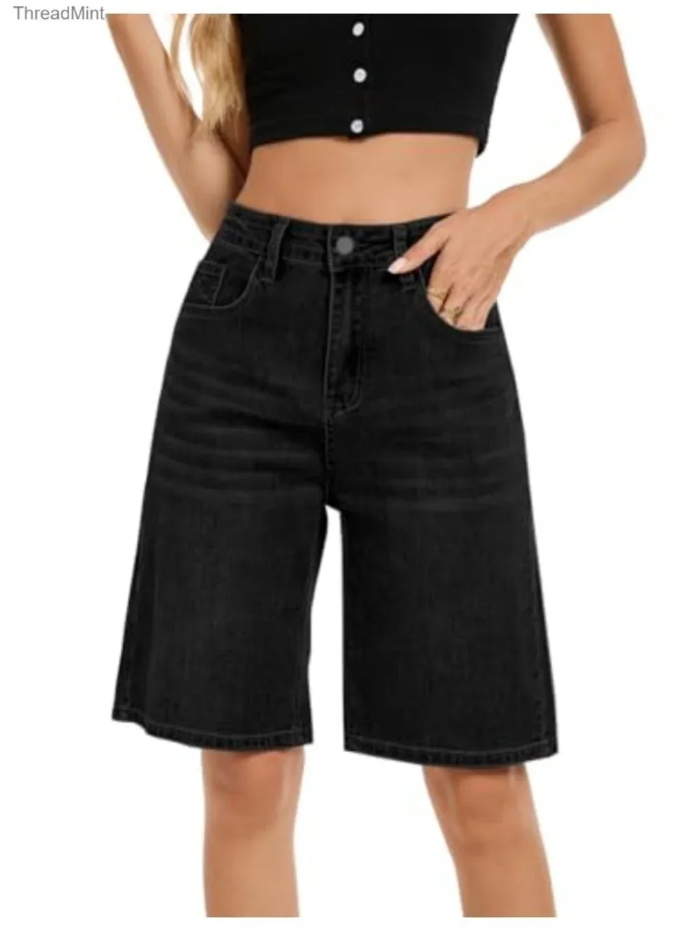 Stretchy High Waisted Bermuda Denim Shorts for Women Baggy Jorts Long Jean